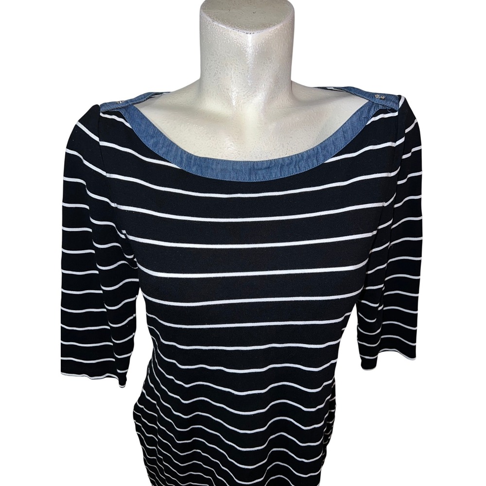 Tommy Hilfiger Striped Boat Neck Dress Denim Collar 3/4 Sleeve Women's Size L - Picture 2 of 9